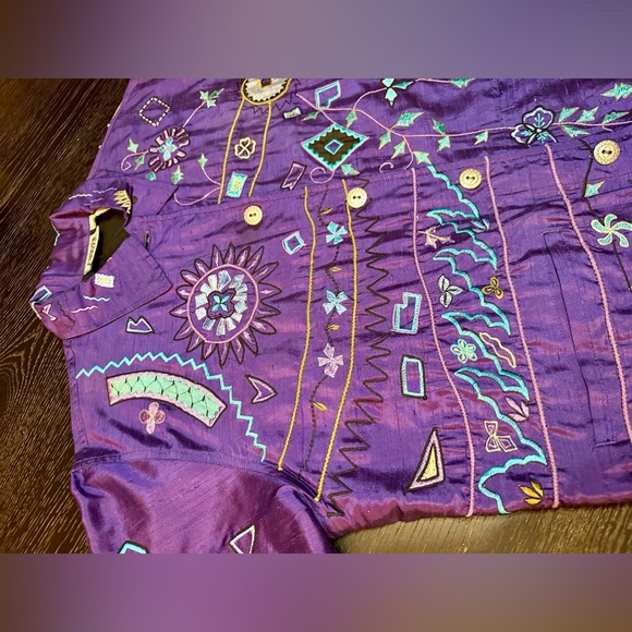 Vintage Chicos Purple Silk Button Down Embroidered Patterned Jacket Size 1 - Picture 6 of 11